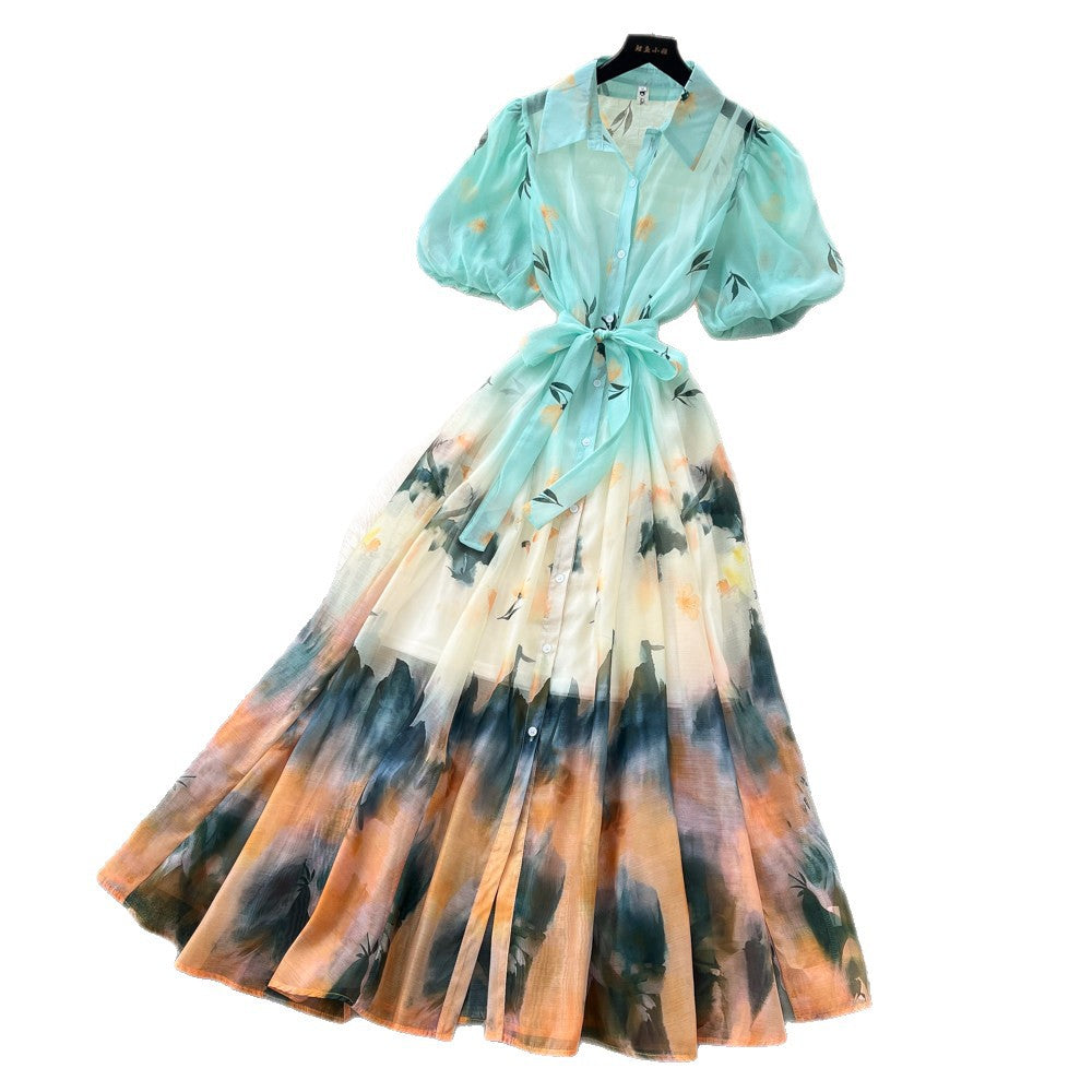 Light mature style tie-dye gradient printingshirt skirt women's summer lapel lantern sleeve tie back waist a-line long skirtelegant