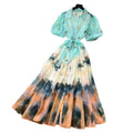Light mature style tie-dye gradient printingshirt skirt women's summer lapel lantern sleeve tie back waist a-line long skirtelegant