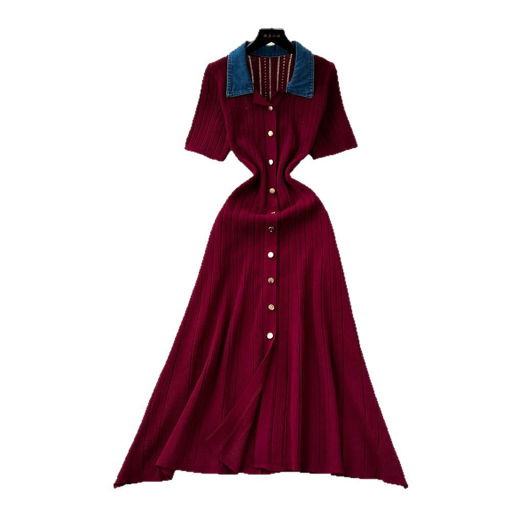 Frenchretrocontrast color lapel short sleeve metal button silmknittingdress women's spring waist slimming lookelegant skirt