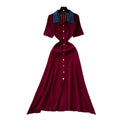 Frenchretrocontrast color lapel short sleeve metal button silmknittingdress women's spring waist slimming lookelegant skirt