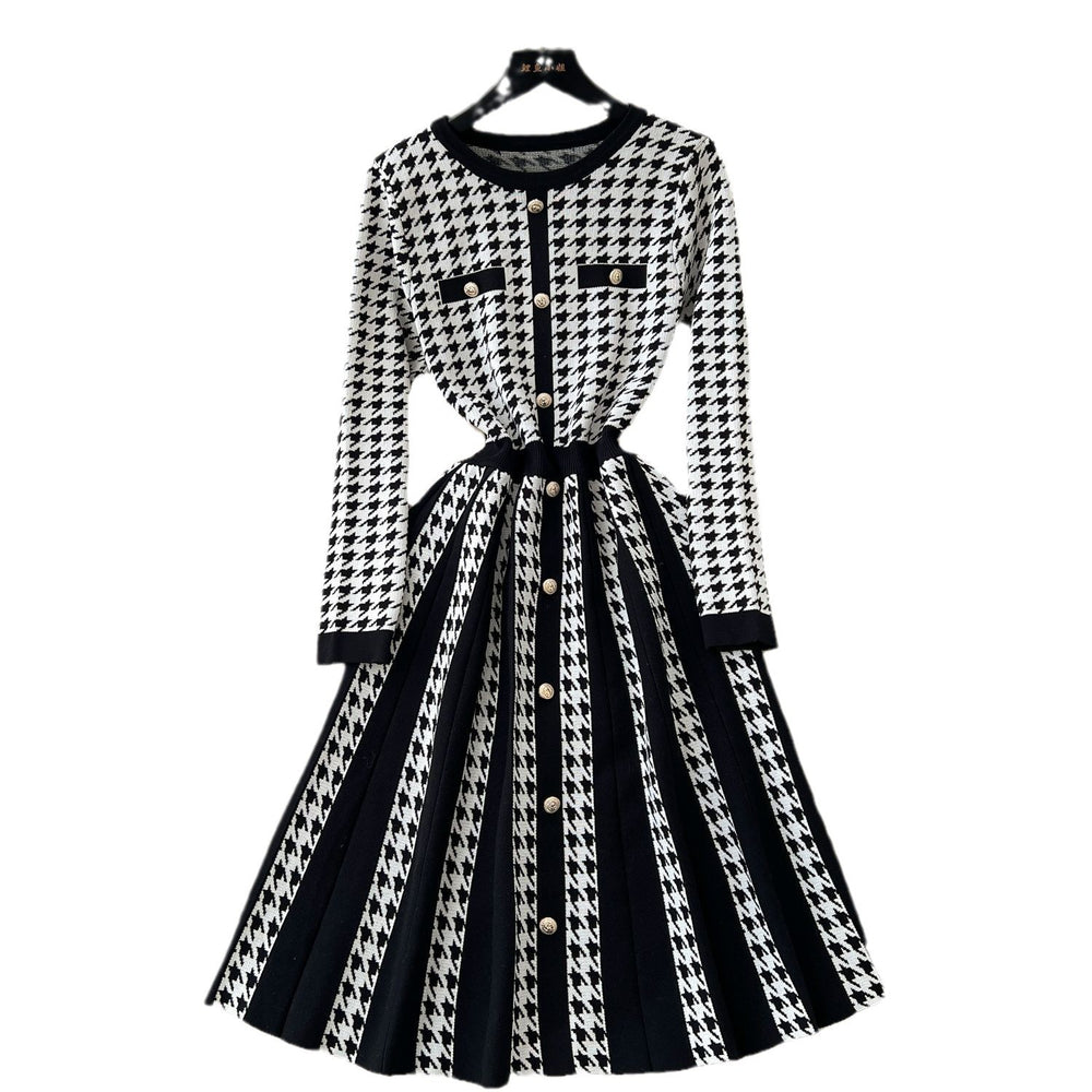 Accessible luxuryfall and winter tweed styledressfashion metal buckle waist contrast colorpleated chidori gridsknitting bottom skirt