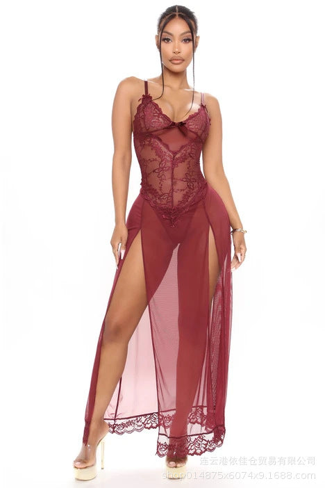 Suspender long skirt sexy intimates fashionplus sizesexylace pajamas cross-border floor-length skirt side slit see-through mesh