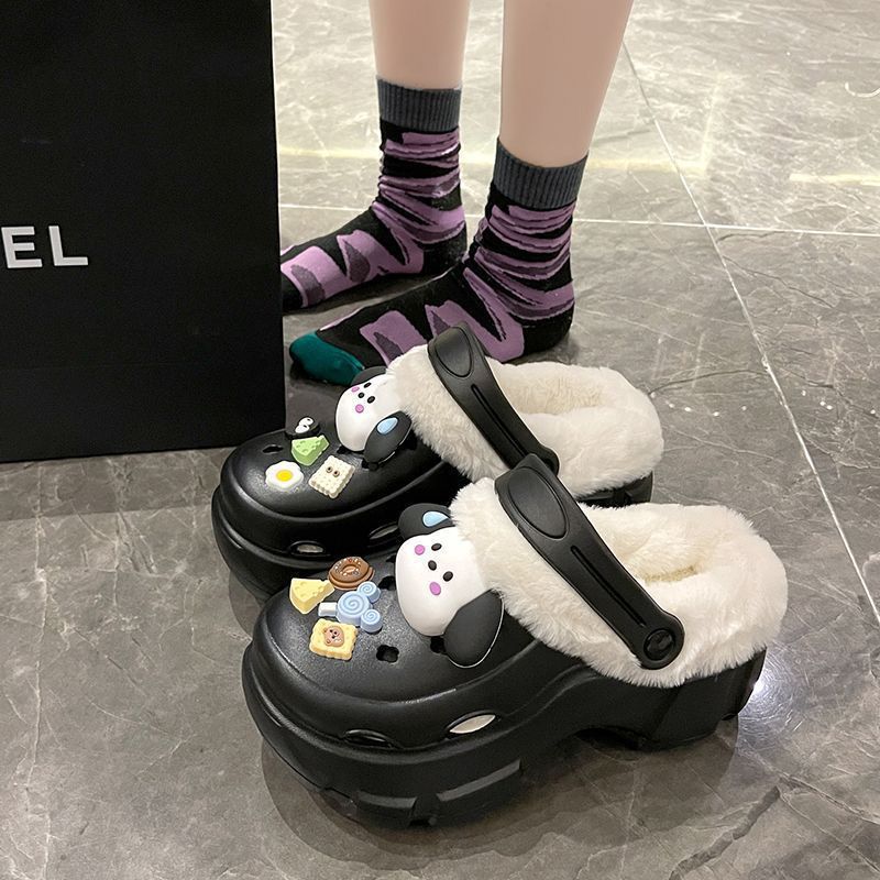 Clogs winterfleece-lineddetachable women's fall and wintergirl high heels cute student non-slip cotton slippers winterfleece-lined