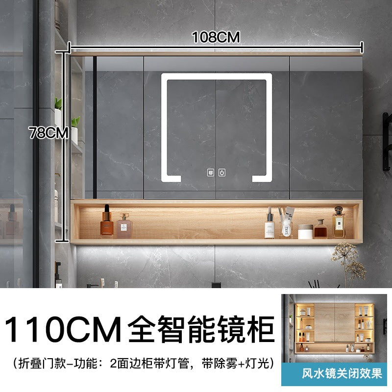 Paint-free solid wood bathroom intelligent hidden folding feng shui mirror cabinet with separate lamp storage rack manufacturer supply