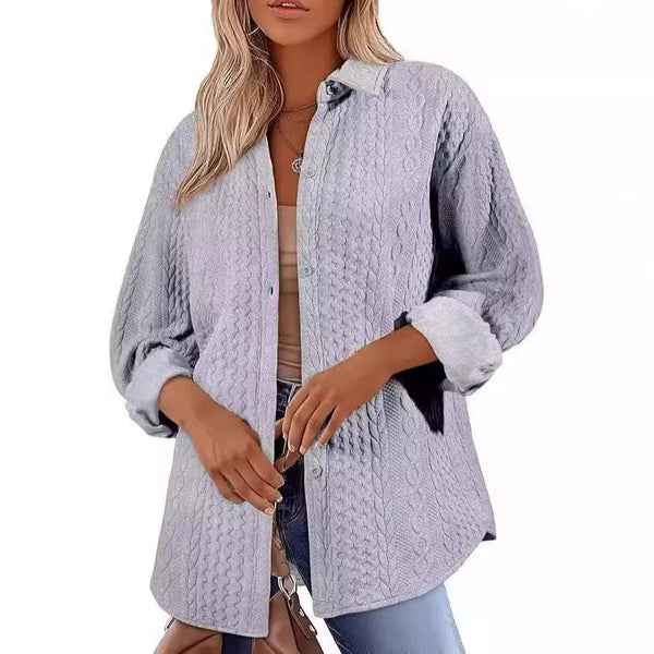 2024  Women's Jacquard Button-Down Long Sleeve Casual Shirt Comfort Jacket, Oversized Knitted Jacket