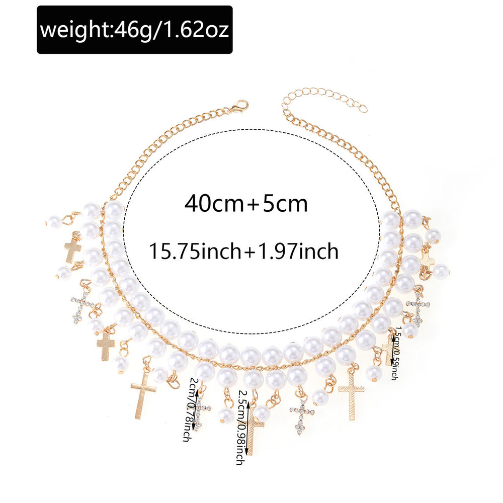 Vintage multi-layer faux pearl necklace, european and american fashion, unique design with diamond-accented cross pendant, choker necklace