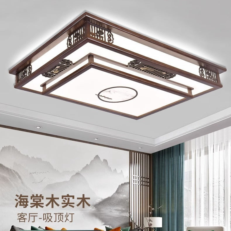 Double-layer simple Chinese living room light atmospheric rectangular ceiling light new Chinese solid wood lighting dining room bedroom lighting