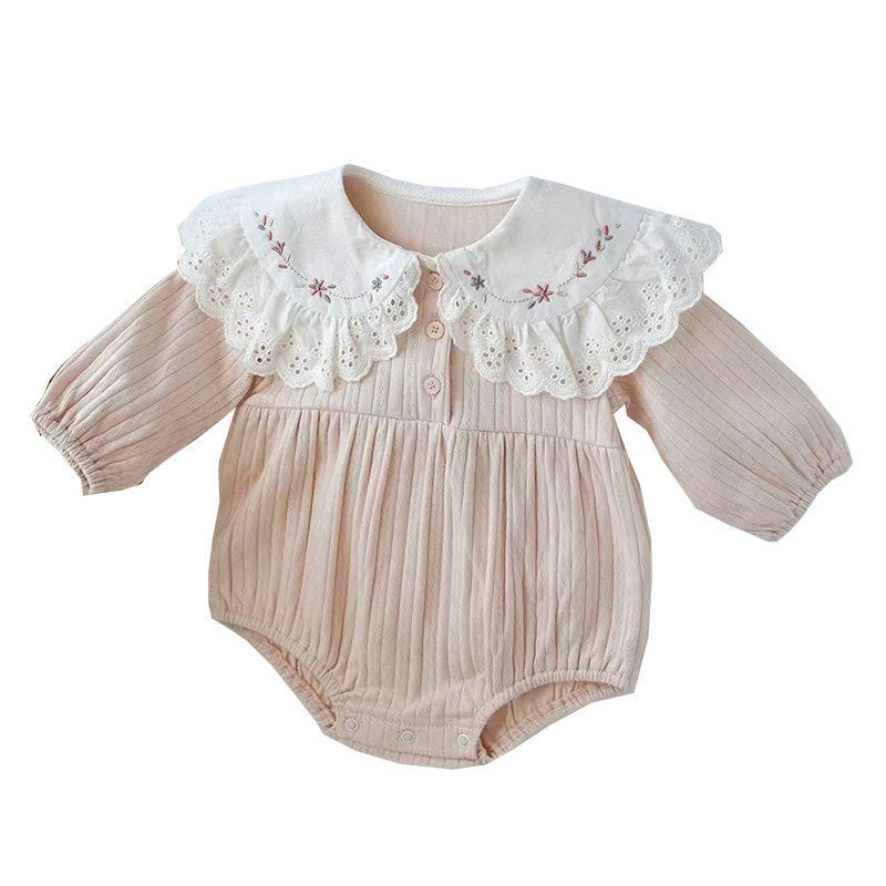 Infant and toddler spring and autumn clothing, baby girl long-sleeved romper, 100-day and first-year celebration outfit, stylish floral jumpsuit, super cute peter pan collar