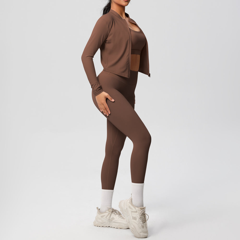 fashionpure color double-sided brushed tight sports yoga clothes three-piece set running fitness yoga clothes suit for women