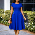 D619  foreign trade  new women's elegant minimalist round neck slimming solid color dress