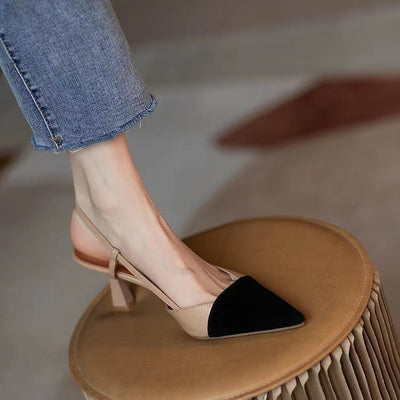 2024 summer new arrival baotou sandals french color block tweed style pointed toe high heels one strap sandals thin heel
