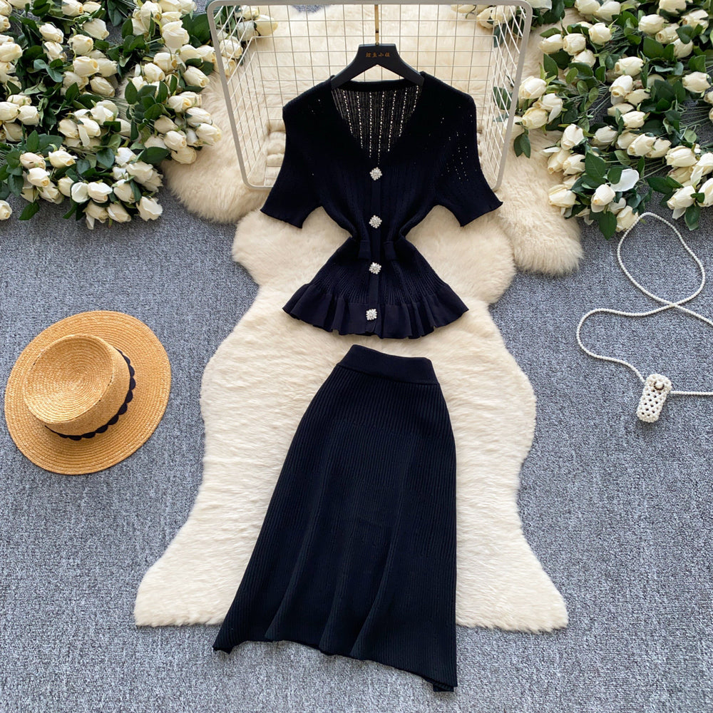 French work clothing style pink knittingtwo-piece set female summercasualv neck waist rufflesfashionelegantsuit