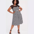 European and american cross-border women's fashion:  autumn new arrival - round neck, short sleeve, see-through panel, houndstooth black and white print dress