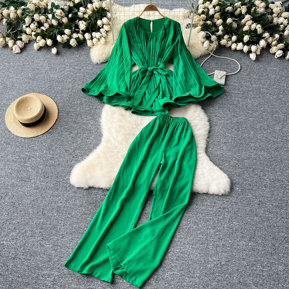 Sophisticated style niche styletwo-piece set women's loose waist tie backflare long sleeves pleated tops+high waistcasualpants