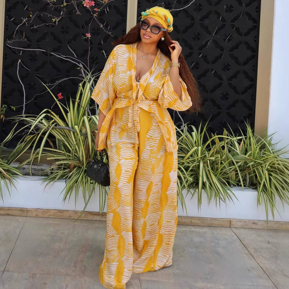 European and american cross-border women's fashion  summer new arrival: elegant casual v-neck printed shirt top and wide-leg pants set
