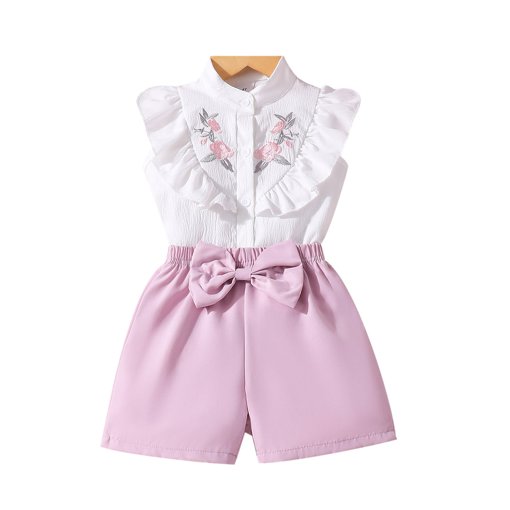 Girls' two-piece set: floral double-layer ruffle ribbed top + floral shorts, embroidered for young children
