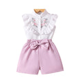 Girls' two-piece set: floral double-layer ruffle ribbed top + floral shorts, embroidered for young children