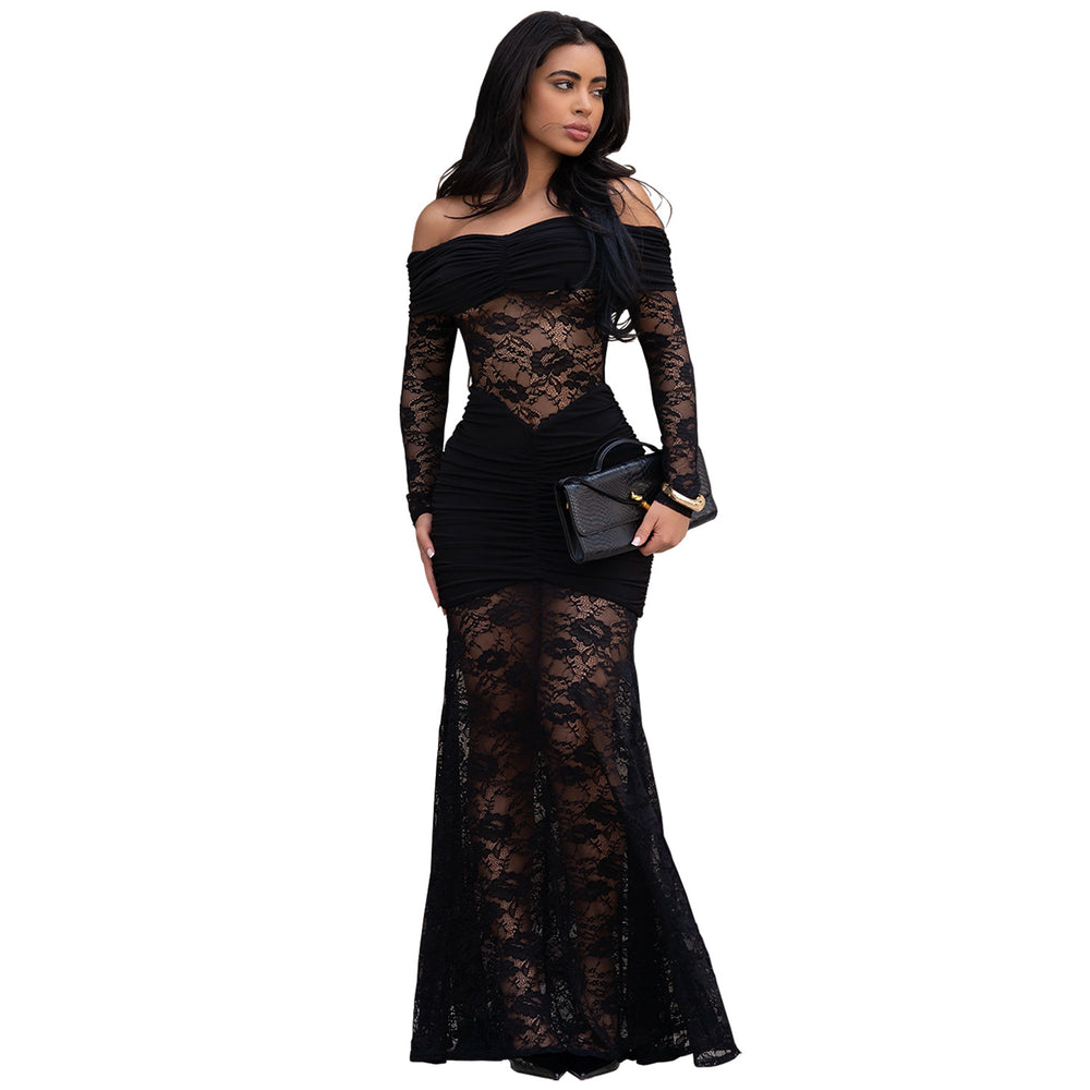 C7620 cross-border   fashion women's sexy off-the-shoulder lace bodycon dress