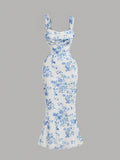 New arrival cross-border export summer women's clothing blue and white porcelain printing hip-covering sexydressbacklesstube top suspender mermaid dress