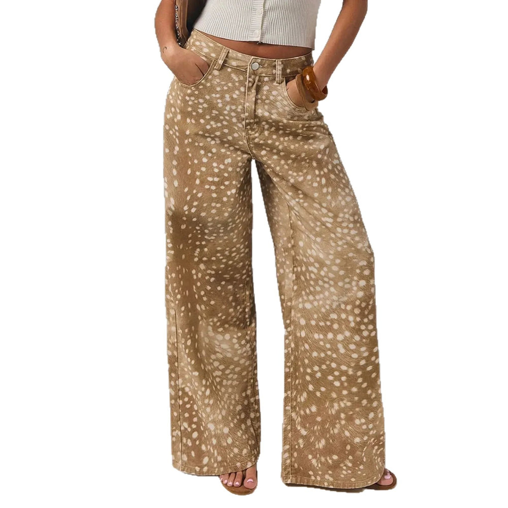 Women's denim pants - deer print, spotted, khaki, high-waisted, wide-leg, floor-length, fall new arrivals