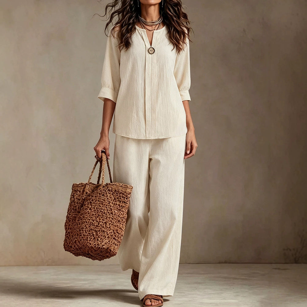 european and american plus size off-white v-neck mid-sleeve two-piece set: relaxed fit top and wide-leg pants
