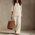 european and american plus size off-white v-neck mid-sleeve two-piece set: relaxed fit top and wide-leg pants