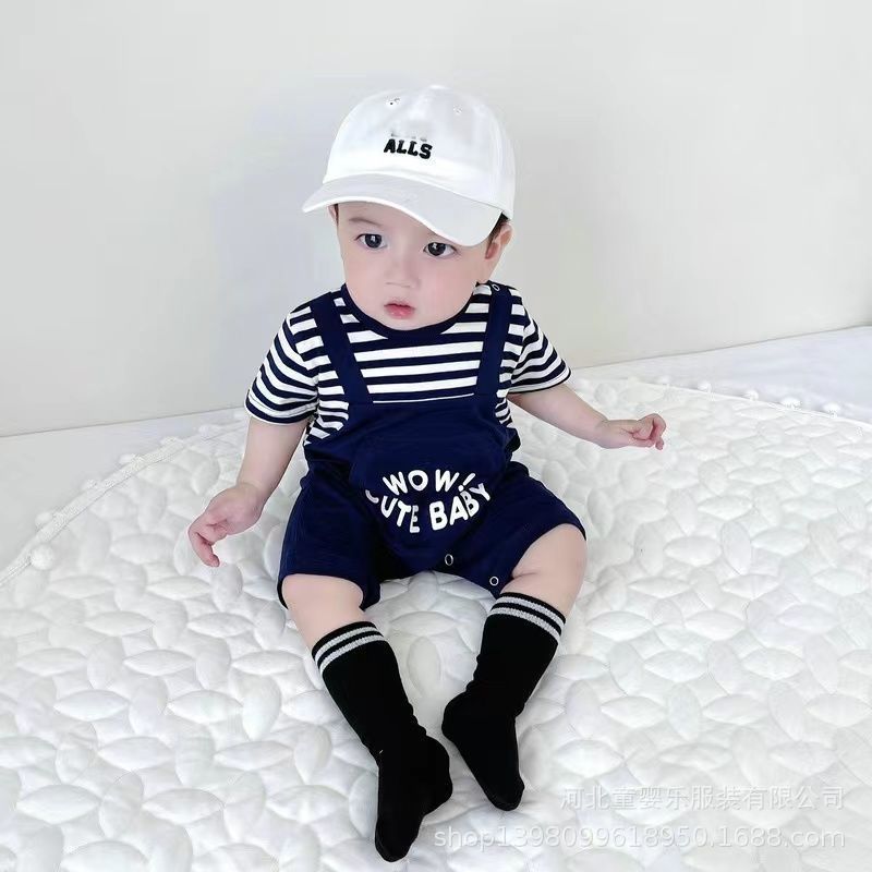 Infant and toddler summer super cute fashion onesie, unisex baby romper, stylish faux suspender short-sleeve jumpsuit for outdoor wear