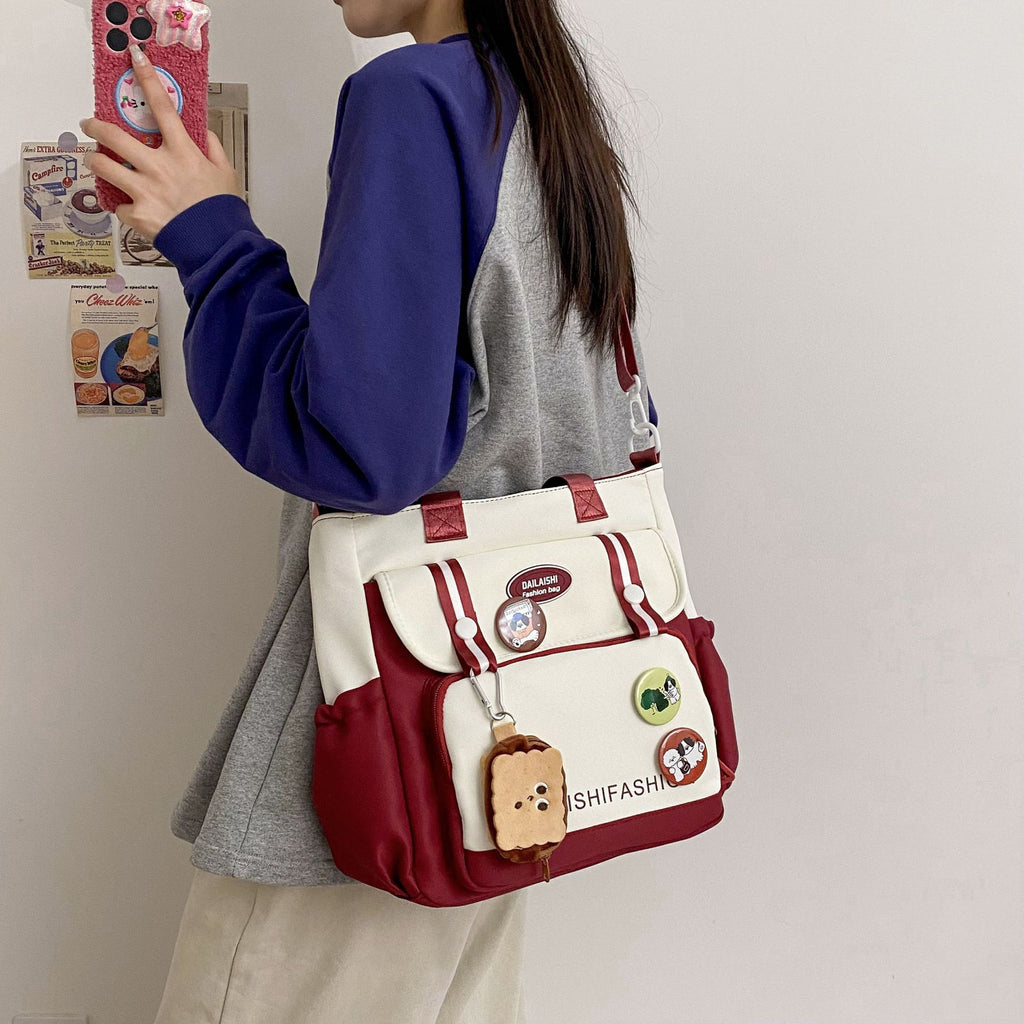 New large-capacity contrasting color handbag female cute girl shoulder messenger bag college student class tutoring bag