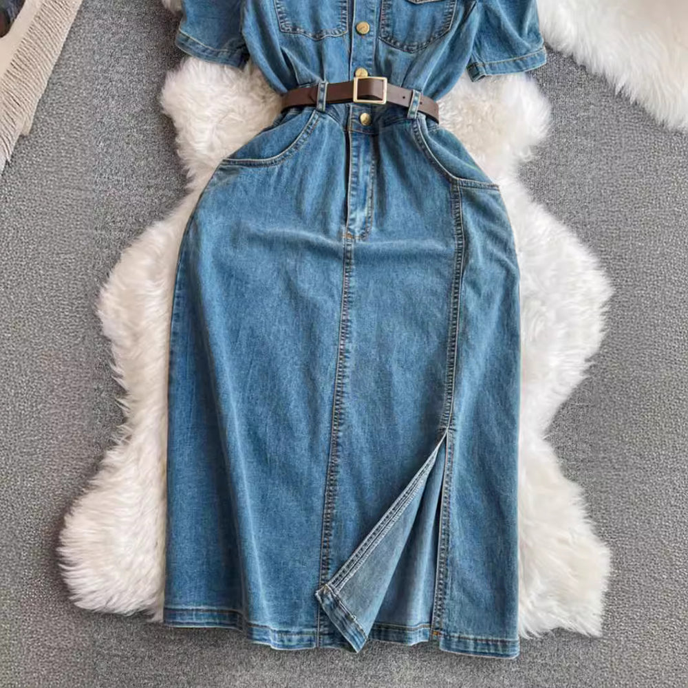Casual denim dress women's summer  new style hong kong style elegant waist slimming look medium long slit skirt