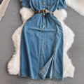 Casual denim dress women's summer  new style hong kong style elegant waist slimming look medium long slit skirt