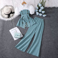 Girls' outfit set: white and brown color block collared top + wide leg flare pants fashion set