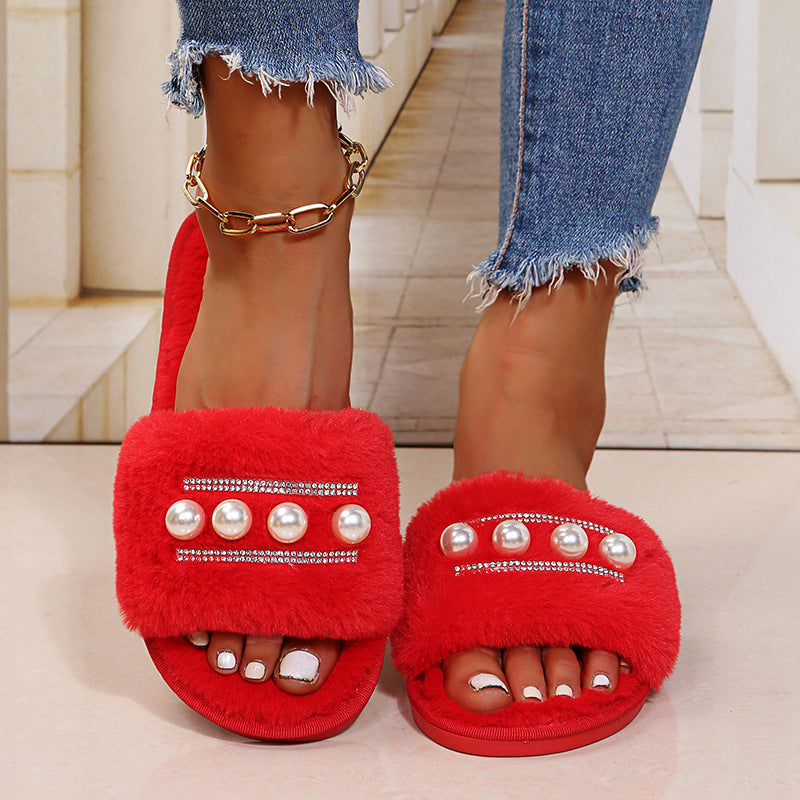 Wholesale women's plush slippers for cross-border e-commerce: new european and american style pearl-embellished one-strap fuzzy slippers, warm autumn/winter home slippers
