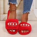 Wholesale women's plush slippers for cross-border e-commerce: new european and american style pearl-embellished one-strap fuzzy slippers, warm autumn/winter home slippers