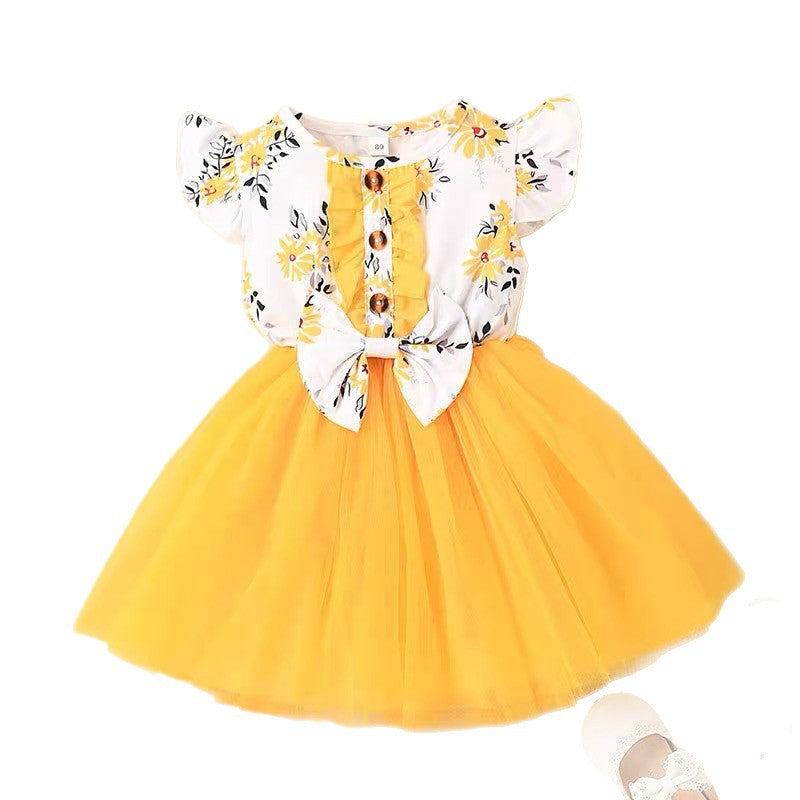 Girls' new summer dress : stylish bubble sleeve tulle skirt, elegant korean style princess dress