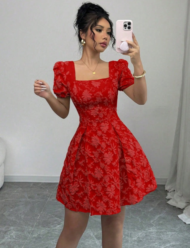 European and american cross-border  summer slim-fit women's elegant jacquard solid color puff sleeve square neck a-line dress