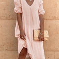 european and american cross-border   cotton linen solid color fashion mid-length long sleeve casual midi dress