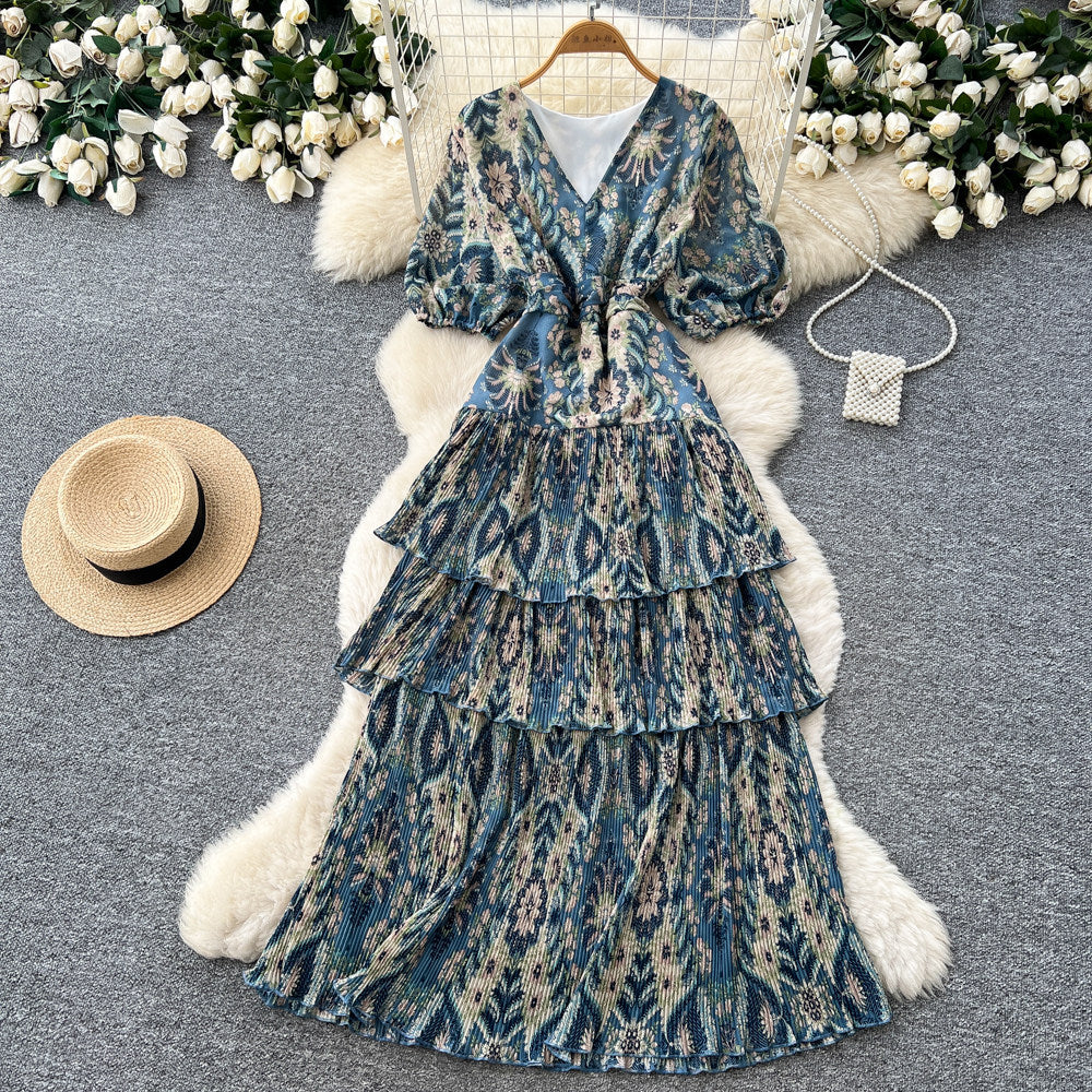 Frenchv neck green pleated dress women's summer k-style waist slimming look a-line cake long skirt dopamine style