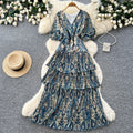 Frenchv neck green pleated dress women's summer k-style waist slimming look a-line cake long skirt dopamine style