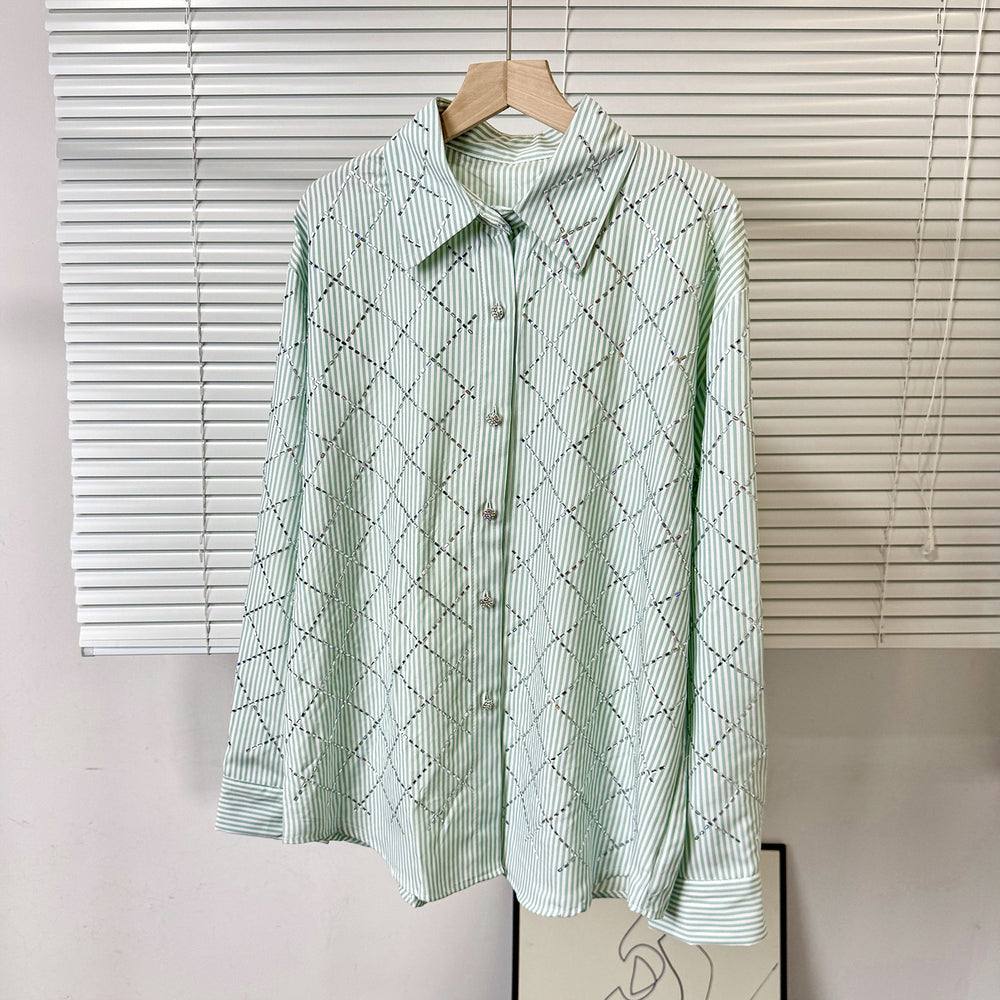 2025 summer new women's french chic rhinestone argyle casual loose thin long sleeve turn-down collar blouse shirt