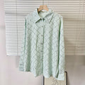 2025 summer new women's french chic rhinestone argyle casual loose thin long sleeve turn-down collar blouse shirt