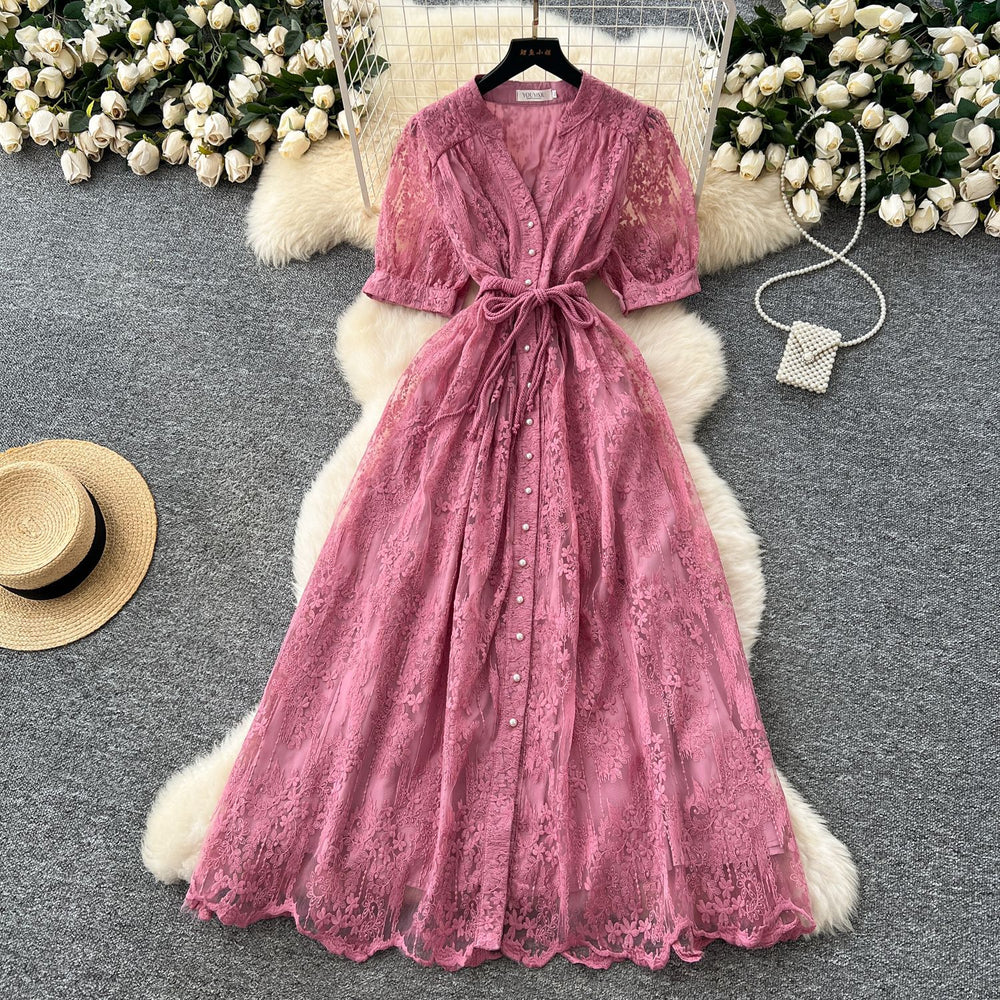 French chic high-end women's dress - 2025 summer fashion: tie-waist, single-breasted, embroidered mesh maxi dress