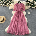 French chic high-end women's dress - 2025 summer fashion: tie-waist, single-breasted, embroidered mesh maxi dress
