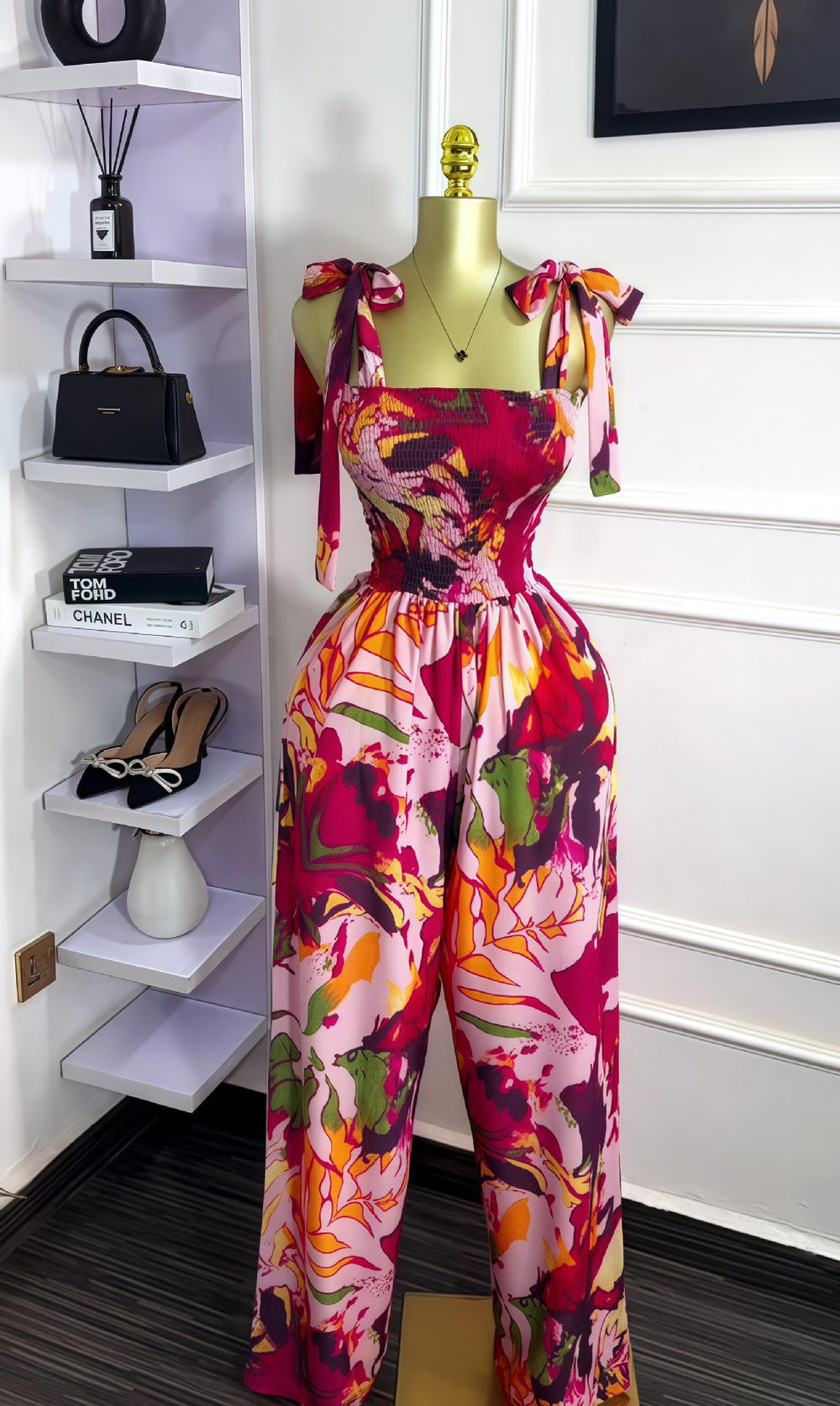 European and american cross-border women's summer  new sleeveless bow-tie bandeau waist-cinching long printed jumpsuit