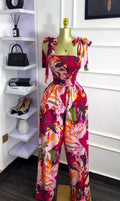 European and american cross-border women's summer  new sleeveless bow-tie bandeau waist-cinching long printed jumpsuit