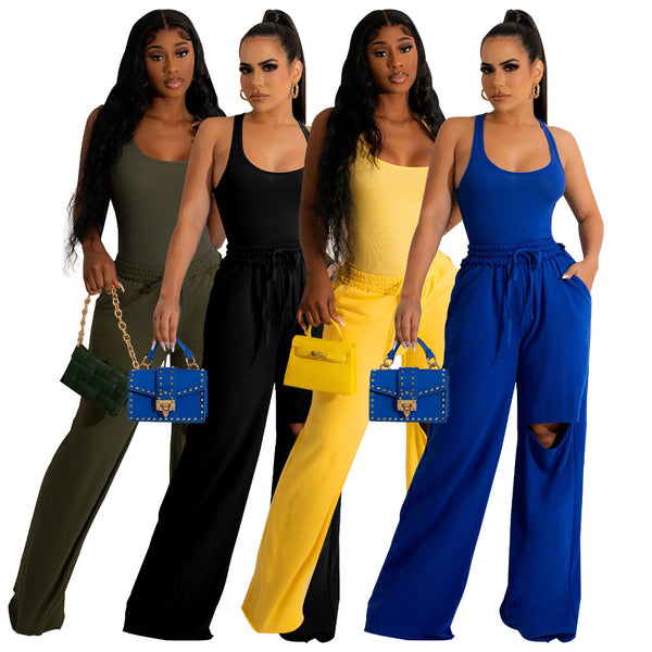 K10294  Independent Station, European and American women's clothing 2022 solid color U-neck onesie ripped wide-leg pants set new