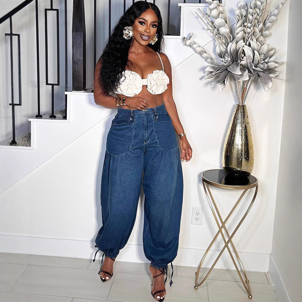 European and american style women's jeans -  cross-border fashion: versatile wide-leg casual pants with side zipper detail