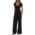 Amazon cross-border pure color 2-piece casualsuit warp knitted v neck short-sleeved loose pantscasualmatching sports suit