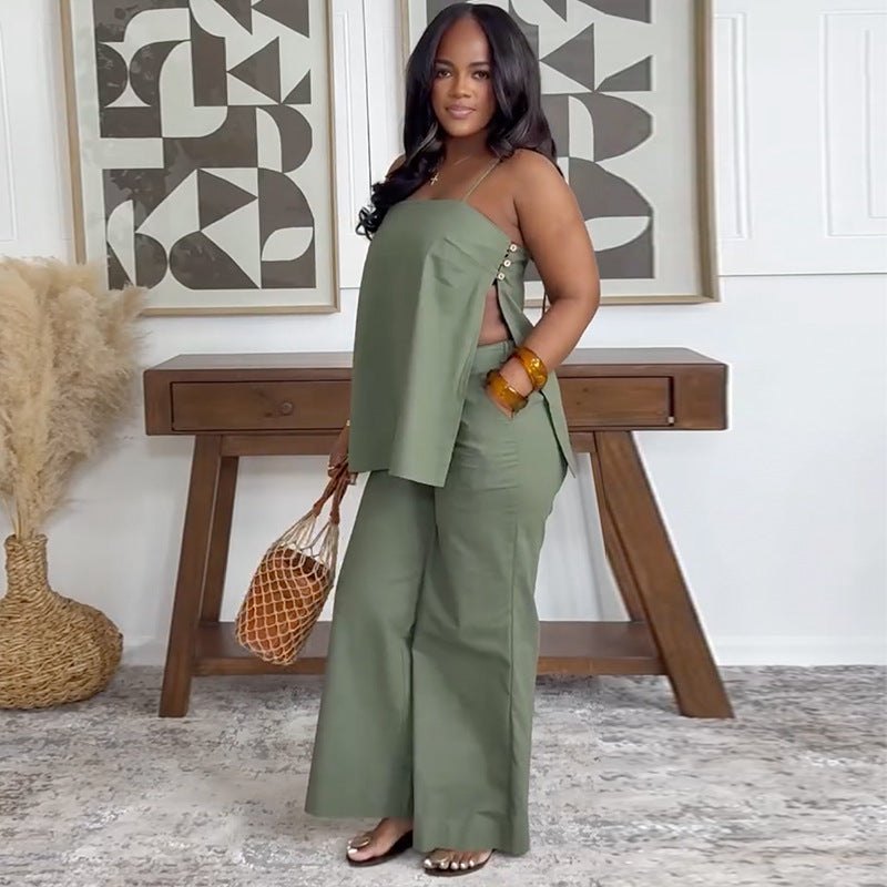 European and american cross-border women's clothing  summer new arrival: african-style plus size elegant slit cami top and pants casual set