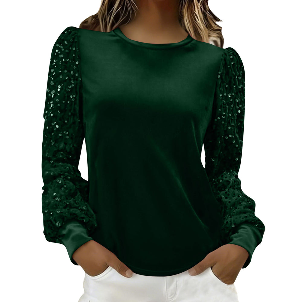 new arrival: independent e-commerce fashion women's gold velvet crew neck sequin patchwork long sleeve t-shirt top (us & european style)