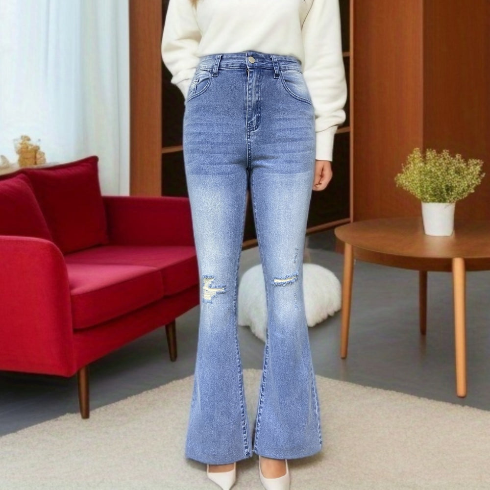 Women's denim jeans for export,  new collection: european and american style, stretch, washed, distressed, slightly flared, elegant commuter jeans